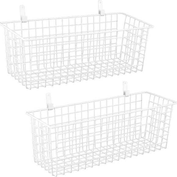 2 Sets Extra Large Hanging Wall Basket White Metal Wire Baskets with Steel Hook